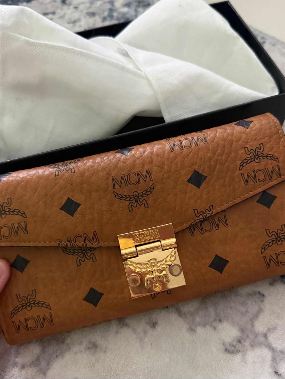 MCM Cognac Logo-Print Leather Clutch with Gold Hardware